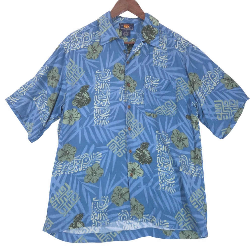 Route 66 Tropical Hawaiian Shirt Mens M Blue Rayon Button Down Festival Resort